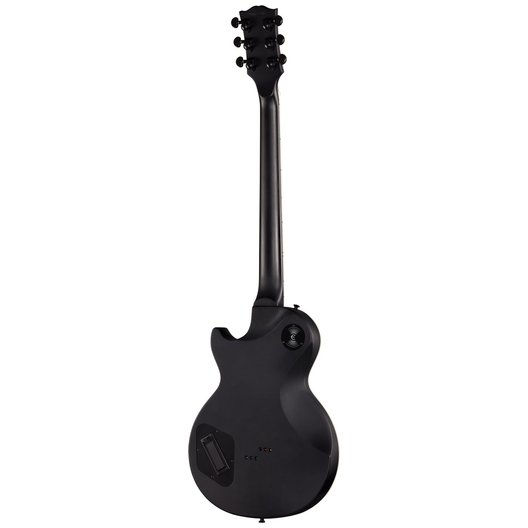 E-Gitarre, schwarzer Korpus, Solidbody, sechs Saiten, Rückansicht